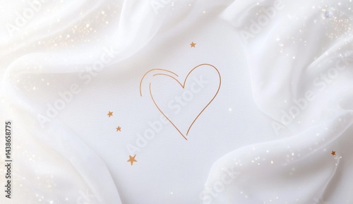 Delicate heart design on flowing white fabric with golden accents