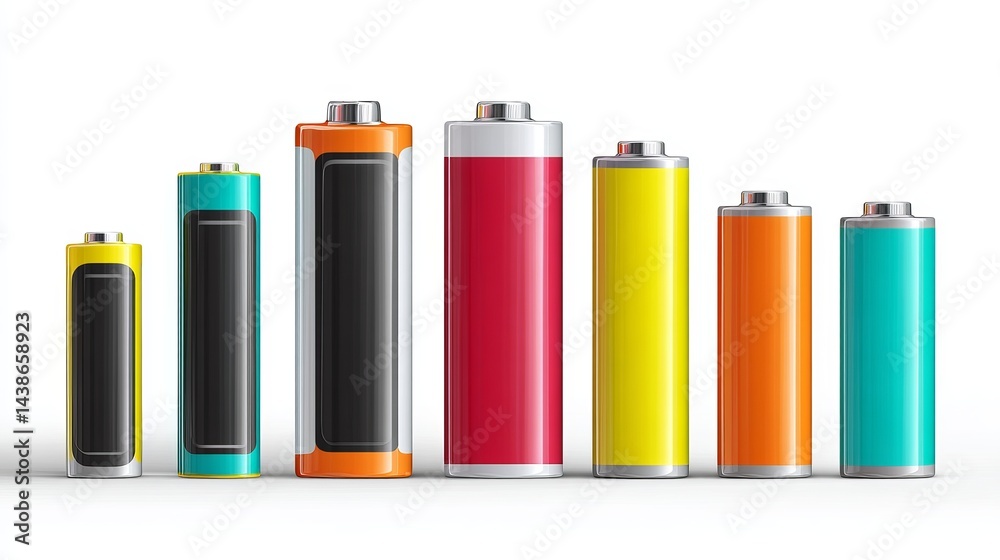 Abstract illustration of alkaline battery set realistic 3D mockup various sizes white background template Abstract illustration of alkaline battery set realistic 3D mockup various sizes white background template