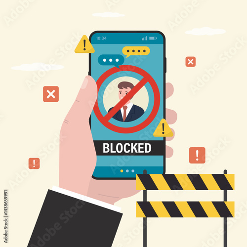 Human hand holding mobile phone with blocked profile or account. User with banned social media account. Cyber crime, hacker attack,