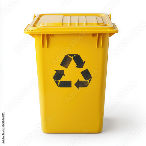 Yellow recycling bin with recycling symbol eco-friendly waste container isolated on white background