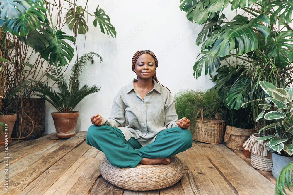 A woman is immersed in meditation in a calm and serene environment of an inner garden in order to gain awareness and peace.