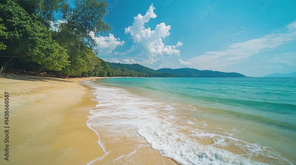 Obraz premium Stunning tropical beach scene with golden sand and turquoise water sea sun sky calm view ocean coast