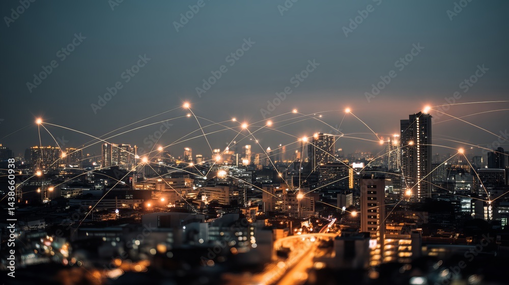 Obraz premium Night cityscape with glowing network and floating location pin background communication technology concept