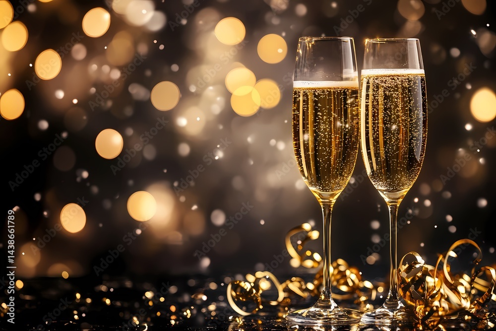 Two glasses of sparkling champagne celebrate a joyous New Year s Eve with glittering golden confetti and a bokeh backdrop of warm inviting lights Two glasses of sparkling champagne celebrate a joyous New Year s Eve with glittering golden confetti and a bokeh backdrop of warm inviting lights