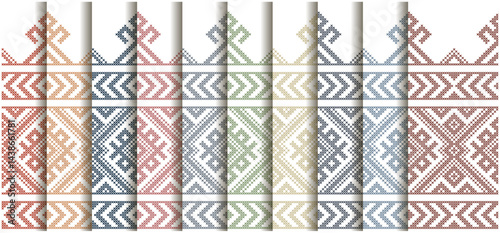 Set of embroidery patterns. Slavic folk motifs. Imitation of cross stitch. Red ornament on a white background. Seamless background.