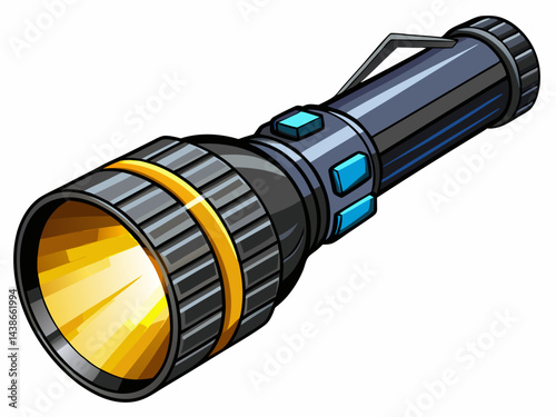 A high-quality vector illustration of a sturdy black flashlight with bright beam, isolated on a white background