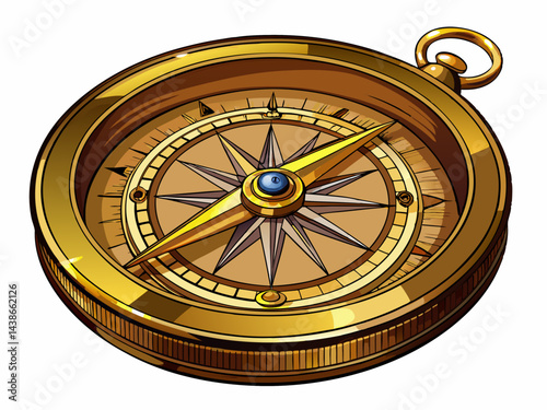 A high-quality vector illustration of a classic brass compass with detailed markings, isolated on a white background