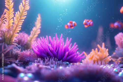 Vibrant coral reef scene with anemones and fish