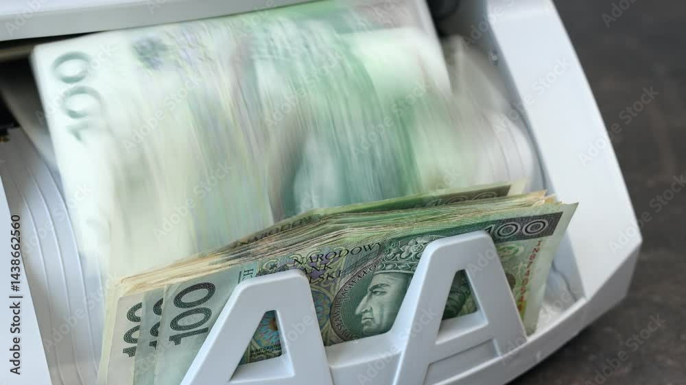 The money counter counts Polish money. Poland. One, two, and five hundred zloty banknotes. Business concept. Polish finance, investments, and economy