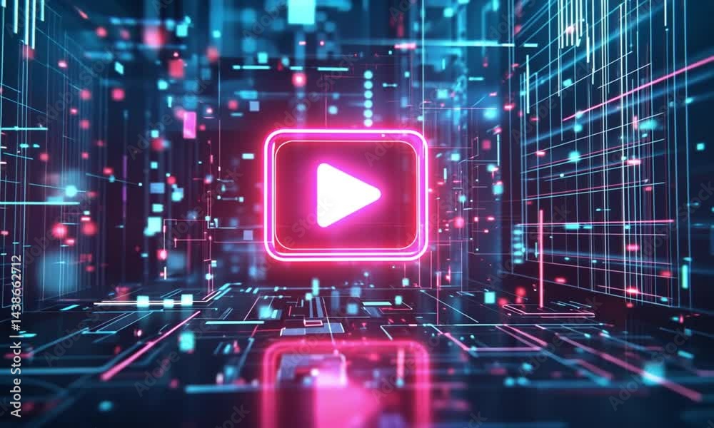 Neon Play Button in Digital Cyberspace: Futuristic Video Streaming Concept Neon Play Button in Digital Cyberspace: Futuristic Video Streaming Concept