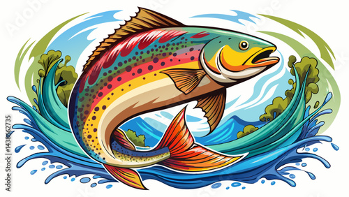Very beautiful Rainbow trout jumping out of the water. white background