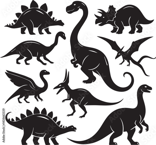 Dinosaur Silhouette Set Vector Icons Prehistoric Animals Collection Stegosaurus Triceratops