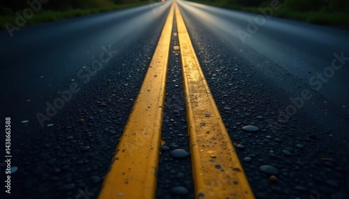Dark asphalt road with yellow lines, close-up, texture, asphalt