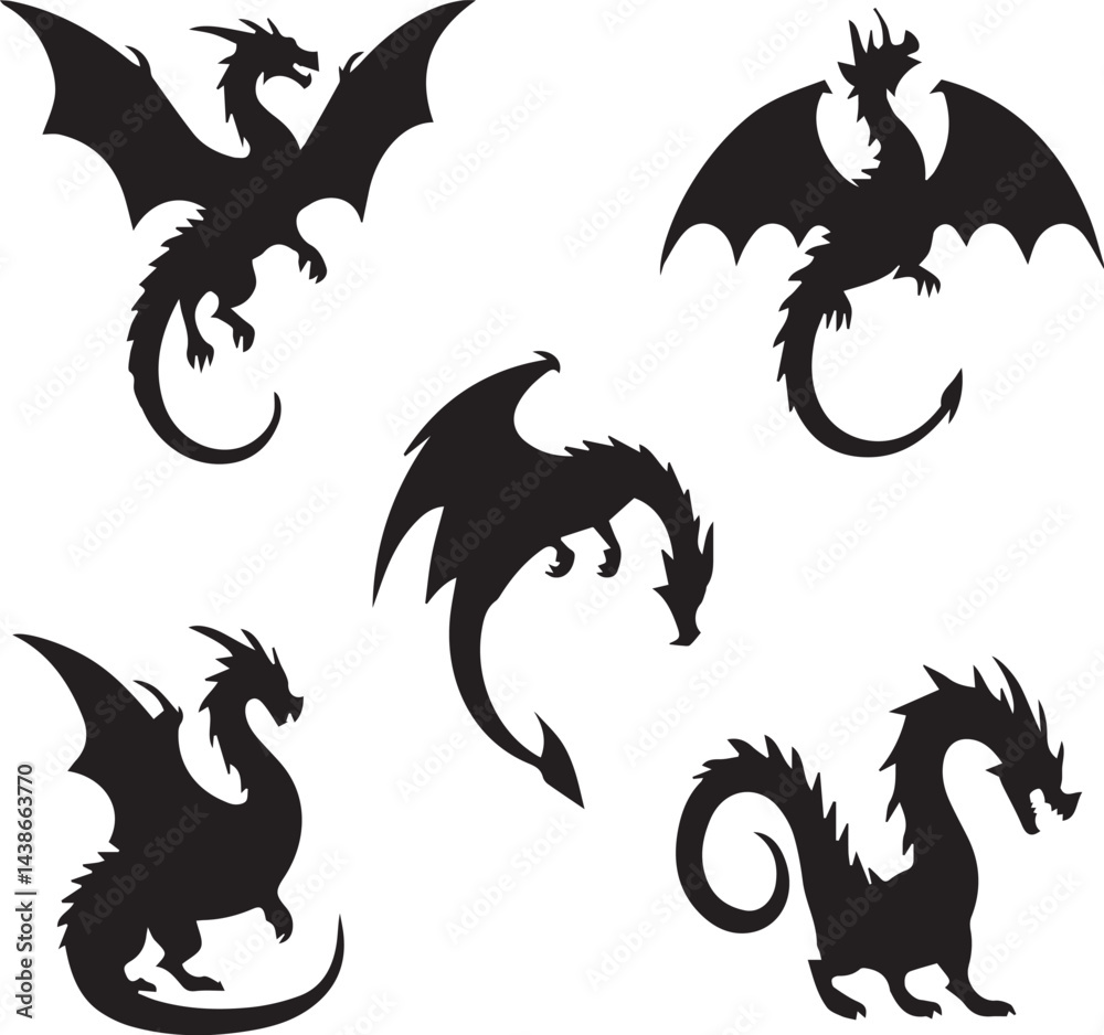 Naklejka premium Dragon Silhouette Set Vector Mythical Fantasy Creature Icon Collection Black Isolated