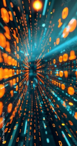 Digital Data Flow in Futuristic Environment with Bright Elements