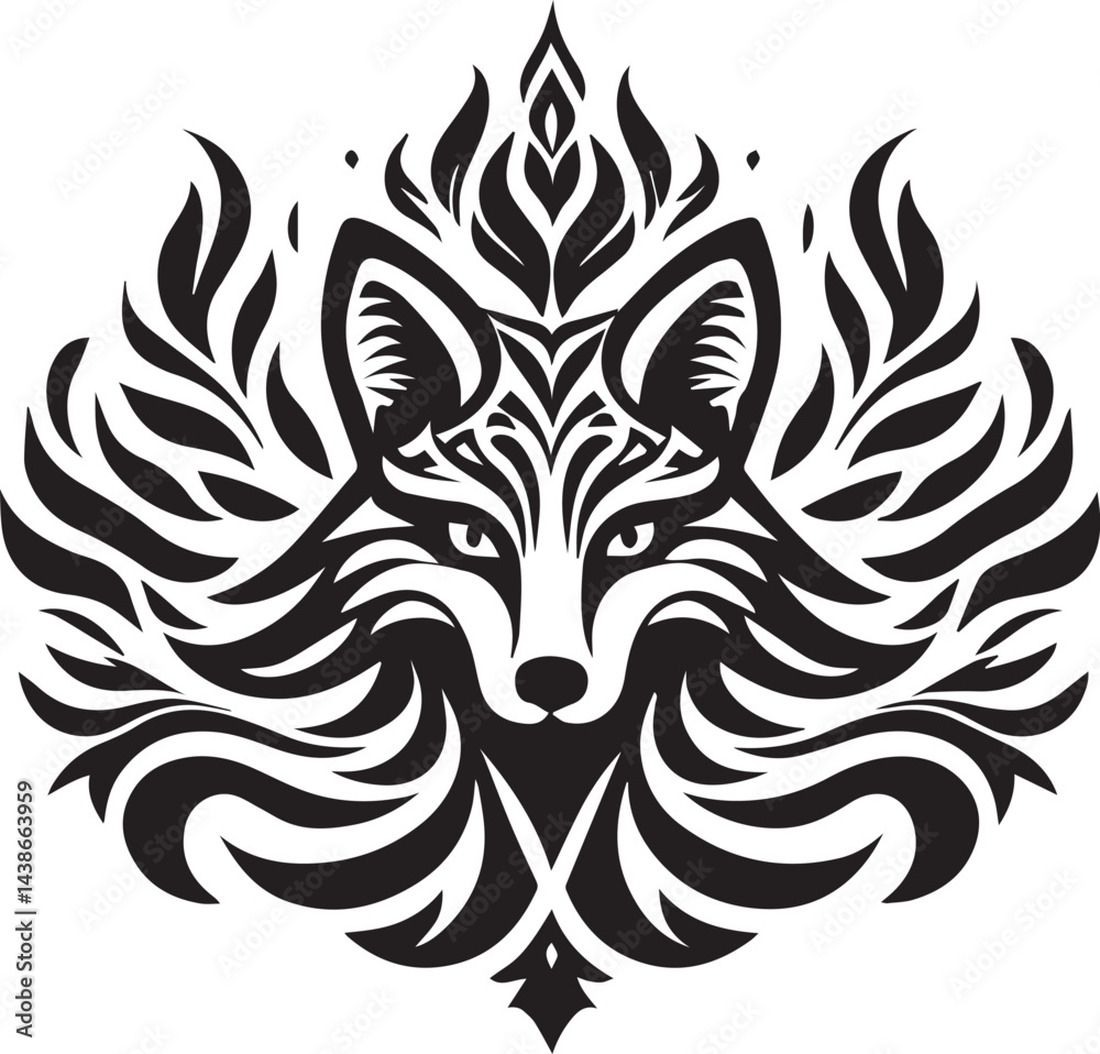 Intricate Fox Head Illustration with Flame-like Patterns Intricate Fox Head Illustration with Flame-like Patterns