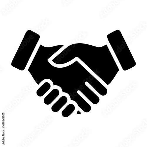 A minimalist black vector icon of a handshake, suitable for business partnerships, agreements, or networking - related content in corporate communications, marketing, and legal materials.