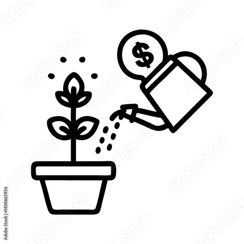 A creative black vector minimalist icon of a plant being watered with a dollar - sign watering can, suitable for financial investment, business growth, or sustainable - development - related content 