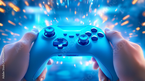 In a vibrant gaming environment, a person grips a blue game controller as colorful digital sparks radiate around. The atmosphere suggests an intense gaming experience, filled with excitement
