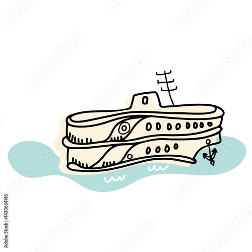 Bosphorus, silhouette and Istanbul Ferry drawing. Steamboat. Liner hand drawn vector illustration.