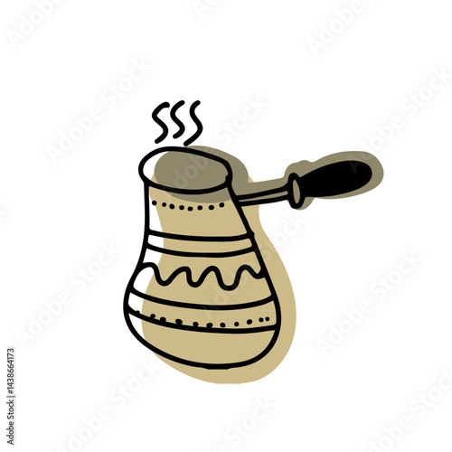 Cezve turkish coffee pot. Cezve logo coffee shop. Silhouette copper turkish coffee pot isolated. Liner hand drawn vector illustration.