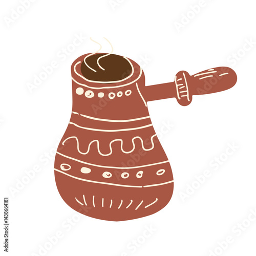 Cezve turkish coffee pot. Cezve logo coffee shop. Silhouette copper turkish coffee pot isolated. Liner hand drawn vector illustration.