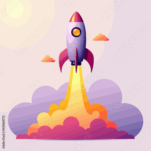 Rocket launching into space against a colorful sky  