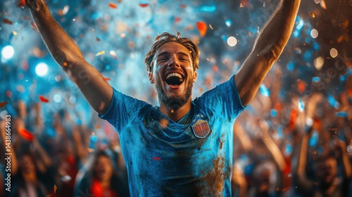 Glory moment football star in stadium spotlight