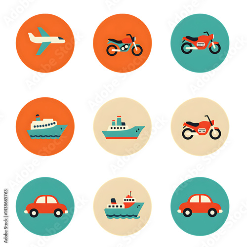 Collection of transportation icons including airplane motorcycles cars and ships on colored circles on transparent background