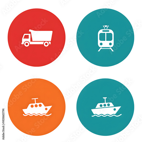Four circular icons depicting different modes of transportation including truck train and two types of boats on transparent background