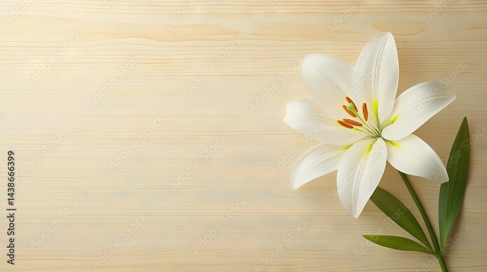 A white flower rests on a wooden table, its green stem extending gracefully