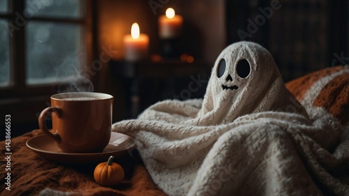 A cute Halloween ghost snuggled up in a cozy blanket