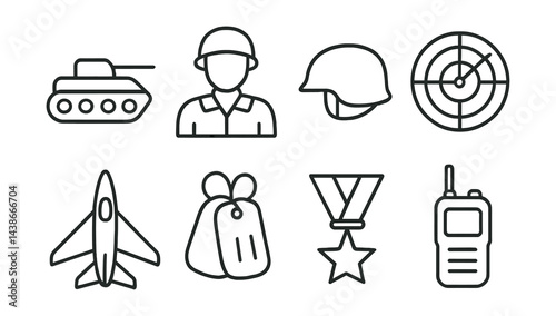 Military icons set – tank, soldier, helmet, radar, jet, dog tags, medal, radio