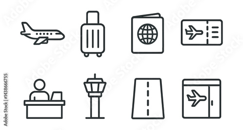 Minimalist airport icons set – plane, luggage, passport, boarding pass, control tower, runway, check-in