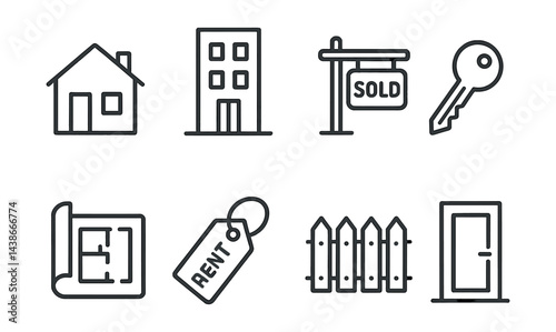 Real estate essentials icon set – home, building, sold sign, key, blueprint, rent tag, fence, door