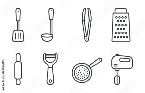 Kitchen tool icons set – spatula, ladle, tongs, grater, rolling pin, peeler, strainer, mixer