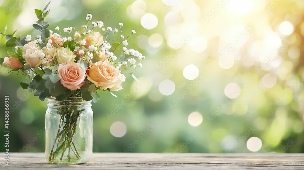 A wooden table with a vase filled with vibrant flowers rests in the foreground, while a hazy backdrop frames the scene