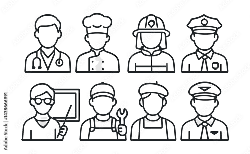 Fototapeta premium Occupation icon set – doctor, chef, firefighter, police, teacher, mechanic, pilot