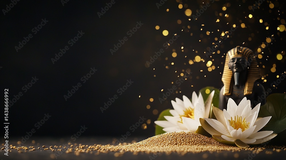 A pair of white blossoms resting atop a mound of sand beside an Egyptian deity figure