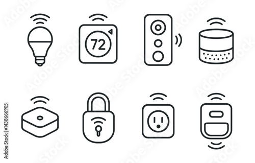 Smart home technology icons set – lightbulb, thermostat, speaker, lock, plug, sensor