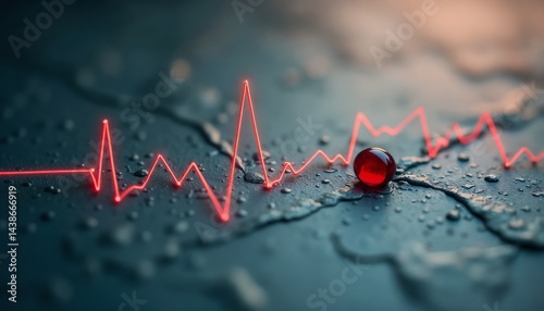 Heartbeat line with red Blood Drop on wet surface 