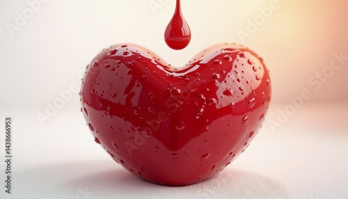 Shiny red heart with blood drops on a soft background  