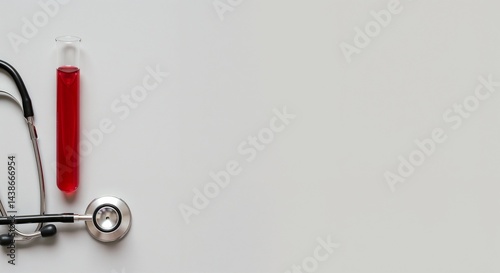 Medical Equipment, Stethoscope and Test Tube with Blood on White Background