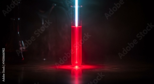 Red and blue light beam illuminating a test tube of blood on a dark background  
