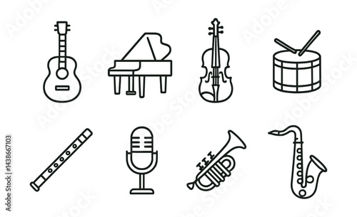 Essential music instrument icons set – guitar, piano, violin, drums, flute, microphone, trumpet, saxophone