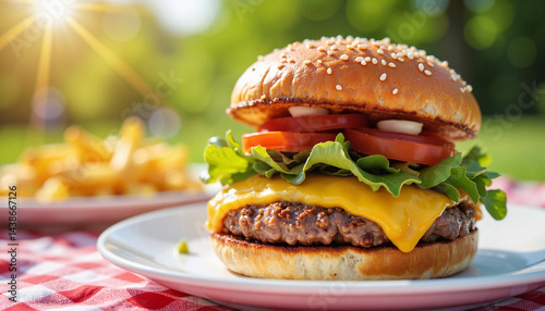 Delicious cheeseburger with fresh ingredients and fries in sunlight  