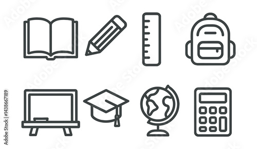 Education essentials icons set - book, pencil, ruler, backpack, blackboard, cap, globe, calculator