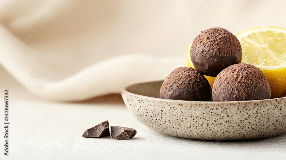 A white tablecloth holds a bowl filled with chocolate-covered lemons and a lemon slice on top
