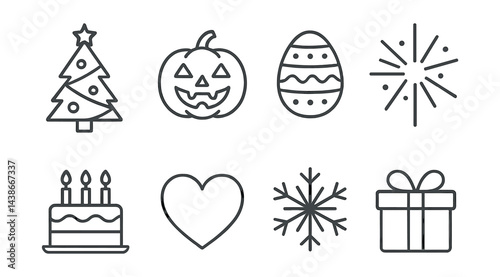Festive icons set – christmas tree, pumpkin, easter egg, firework, cake, heart, snowflake, gift