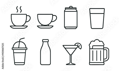 Beverage icon set – coffee, tea, soda, juice, smoothie, milk, cocktail, beer
